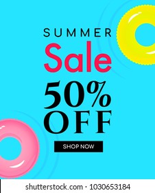 Summer sale banner vector illustration, yellow and pink inflatable ring floating on water.