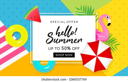 Summer sale banner vector illustration. Beach umbrella with summer element on colorful background.