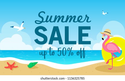 Summer sale banner vector illustration. Flamingo on the beach. Timeshare Vacation Promotions. 