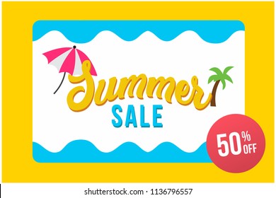 Summer Sale Banner Vector Illustration With Beach Umbrellas And Coconut Trees. Timeshare Vacation Promotions.