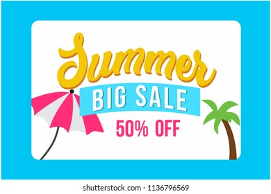 Summer Sale Banner Vector Illustration With Beach Umbrellas And Coconut Trees. Timeshare Vacation Promotions.