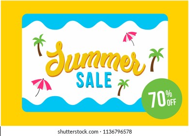 Summer Sale Banner Vector Illustration With Beach Umbrellas And Coconut Trees. Timeshare Vacation Promotions.