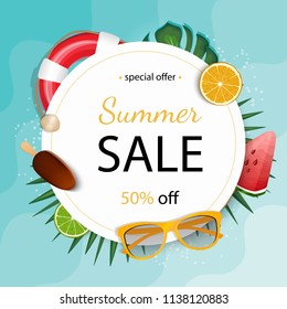 Summer sale banner vector illustration. Summer elements in colorful backgrounds. Tropical frame with sand beach, water, leaves and fruits, ice cream.