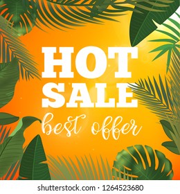 Summer sale banner. Vector illustration with tropical flowers and palm leaves. Realistic sun flare. Template for ad or web design.