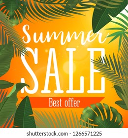 Summer sale banner. Vector illustration with tropical flowers and palm leaves. Realistic sun flare. Template for ad or web design.