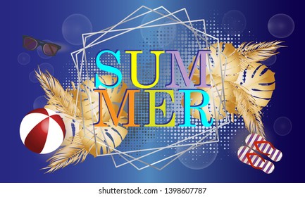 Summer sale banner Vector illustration, summer background with beach attributes and golden tropical foliage. - Account image