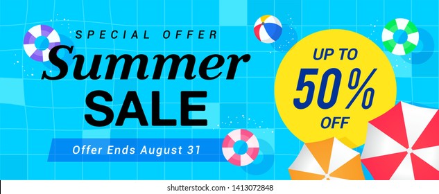 Summer Sale Banner Vector illustration. top view of pool with swim tube.