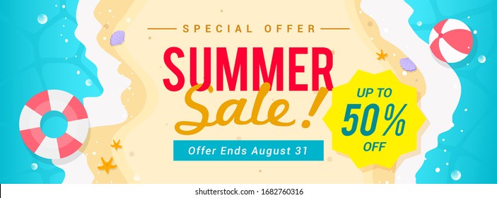 Summer sale banner vector illustration. top view of summer beach waves background