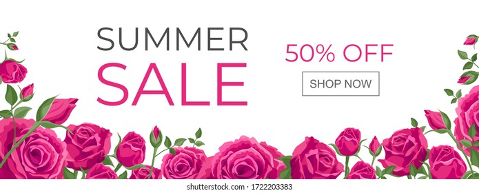 The Summer sale banner. Vector illustration with roses and text: Summer sale, 50 off, shop now. Horizontal concept for a poster, sales advertising in social networks, and media