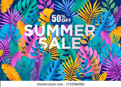 Summer sale banner. Vector illustration of mobile and social media banner template, online shopping ad, poster, newsletter design, coupon, website banner, marketing material.