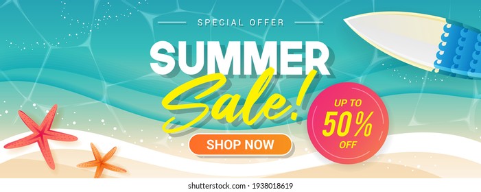 Summer sale banner vector illustration. Summer beach, Sea wave foam with surfboard