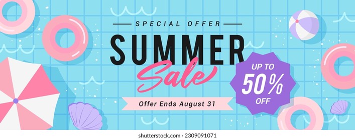 Summer Sale Banner vector illustration. top view of pool with swim rings. Pink, blue and purple theme - Shutterstock ID 2309091071