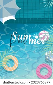Summer Sale Banner vector illustration. summer pool with tropical leaves. top view of pool with swim rings. Pink, blue and yellow theme