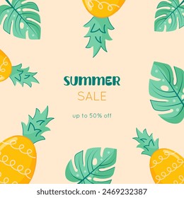 Summer sale banner vector illustration. Colorful banner, poster with tropical leaves, pineapples. Hello Summer Sale