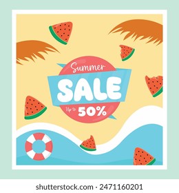 Summer sale banner vector illustration. pattern watermelon fruit and beach poster sale concept.hello summer sale