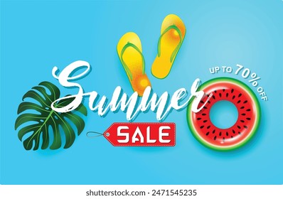 Summer Sale Banner vector illustration, Summer poster or banner template With swimming ring and tropical leaf .