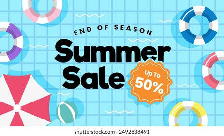 Summer Sale Banner vector illustration. top view of pool with swim rings theme background