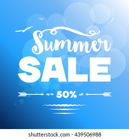 Summer sale banner. Vector illustration. White decorated text vs blue background with light cirles, sea waves, seagulls. Sample text. Layered, editable.