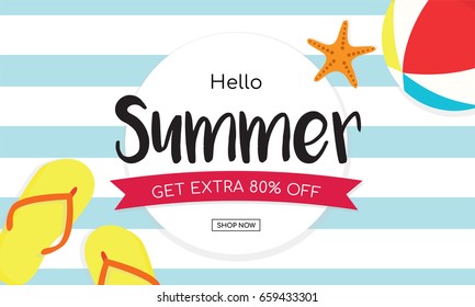 Summer sale banner vector illustration,  Yellow sandals, ball and starfish on blue stripe picnic mat background.