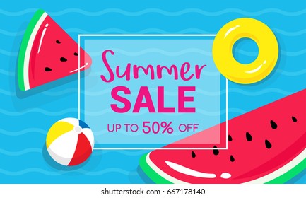 Summer sale banner vector illustration, Watermelon pool rafts, yellow rubber ring and ball floating on water.