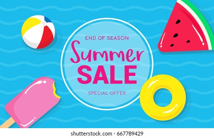 Summer sale banner vector illustration, Pool toys, yellow rubber ring and ball floating on water.