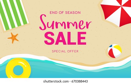 Summer sale banner vector illustration, Top view of summer beach.  