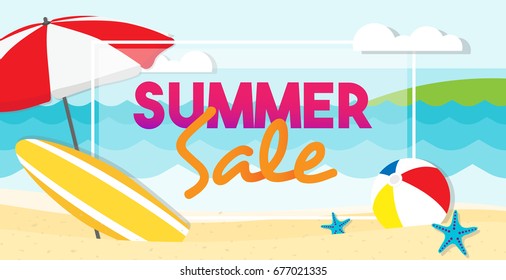 Summer sale banner vector illustration, Summer beach with surfboard, sun umbrella and ball.