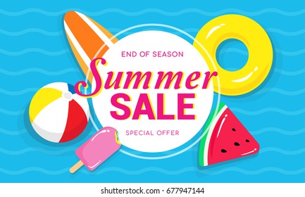 Summer sale banner vector illustration, Pool toys, yellow rubber ring and ball floating on water.