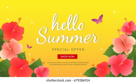 Summer sale banner vector illustration, Summer sale with tropical flowers on yellow background.