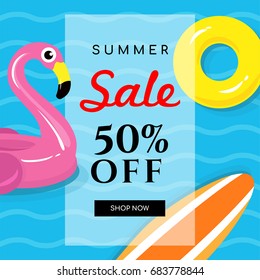 Summer sale banner vector illustration, Flamingo pool float, orange surfboard and yellow inflatable ring floating on water.