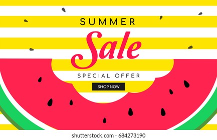 Summer Sale Banner Vector illustration, Watermelon Slice with a bite on yellow stripe background.