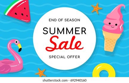 Summer sale banner vector illustration. Cute pool toys and yellow inflatable ring floating on water.