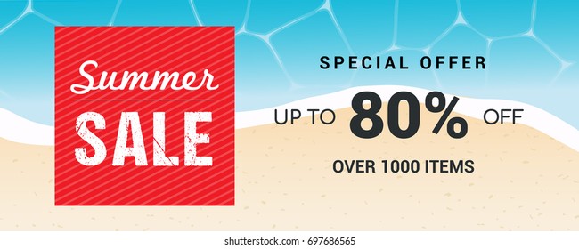 Summer sale banner vector illustration, Top view of summer beach, blue wave on sandy beach background.