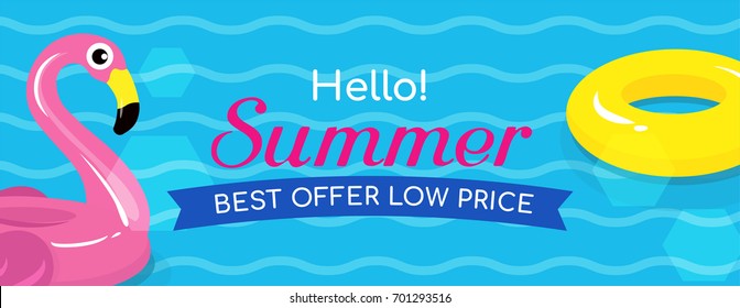 Summer sale banner vector illustration. Flamingo pool toys and yellow inflatable ring floating on water