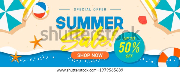 Summer sale banner vector illustration. Summer
beach flat design