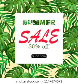 	
Summer sale banner. Vector iluustration with tropicsl flowers and palm leawes. template for web design.