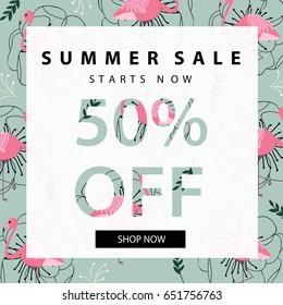 Summer Sale banner. Vintage design. Pink flamingos and flowers pattern. Vector illustration.