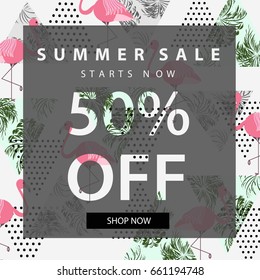 Summer Sale banner. Vintage design poster.Tropical geometric pattern with pink flamingos. Vector illustration.