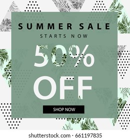 Summer Sale banner. Vintage design poster.Tropical geometric pattern with palm leaves. Vector illustration.