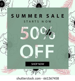 Summer Sale banner. Vintage design poster.Tropical pattern with pink palm leaves and flowers. Vector illustration.