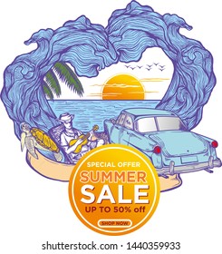 Summer sale banner and wallpaper hand-drawn design tropical leaves background rustic and vintage style.