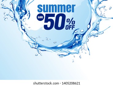 summer sale banner, water wave, paper art abstract background vector illustration.