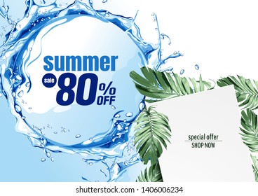 summer sale banner, water wave, graphic resources paper art abstract background, vector illustration.