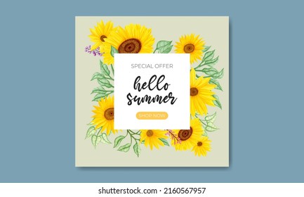 Summer sale banner with watercolor sunflower