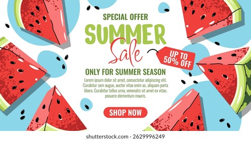 Banner de venda de verão com melancia, Modelo promocional horizontal de design plano. Suculento Frutas Fatias Plano de Fundo para Oferta de Desconto, Campanha de Marketing. Perfeito para mídias sociais, site, marketing por e-mail