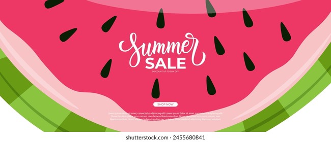 Summer Sale Banner. Watermelon and hand lettering. Summertime commercial background for seasonal shopping promotion and summer sale advertising. Vector illustration.