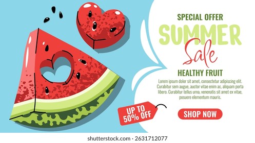 Summer Sale Banner with Watermelon slice with heart-shaped cutout. Horizontal Design for Summer Promotions, Online Stores, Retail Ads, Social Media and Digital Marketing Use.