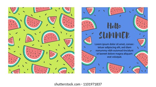 Summer sale banner. Banner with watermelon. Vector summer card with watermelon and unicorns. Summer vector illustration. Wrapping paper or fabric.
