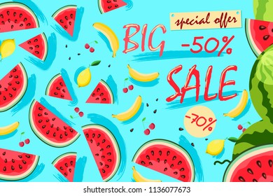 Summer Sale banner with watermelons for banner, flyer, invitation, poster.Vector.Vector illustration template.banners.Wallpaper.