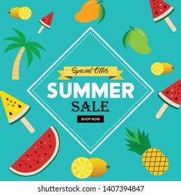 Summer sale banner with watermelons, mango, pineapple, lemon. seamless background . Vector illustration of discount template card, wallpaper,flyer,invitation, poster,brochure,voucher, or social media